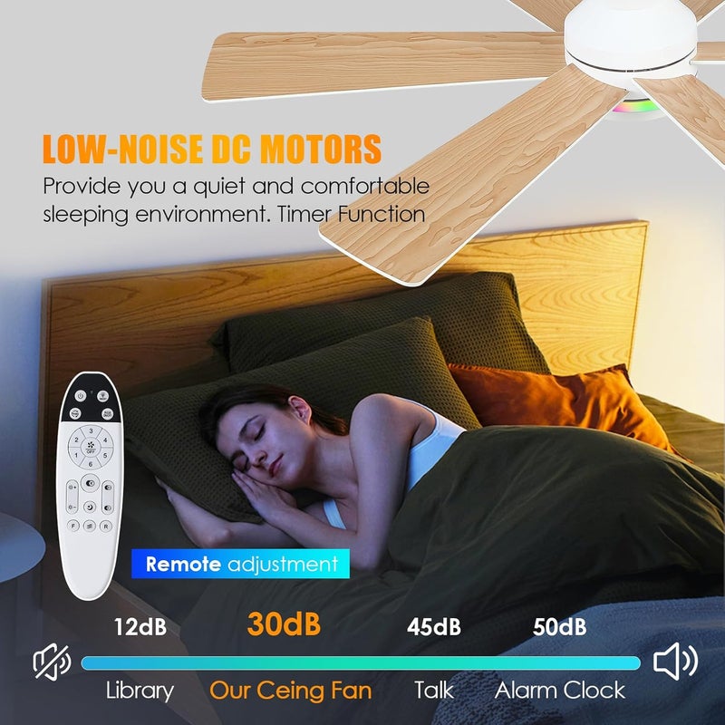 Asyko 46In Flush Mount Ceiling Fans with RGB Light- White Modern Ceiling Fan, Dimmable+3CCT, Quiet Reversible Motor, Low Profile Fan Light for Indoor Bedroom, Kids Room - Image 3
